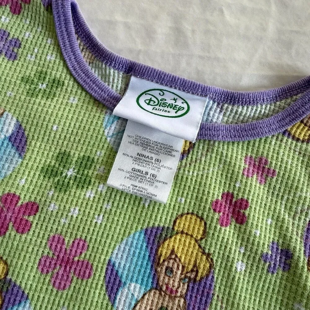 Vintage Y2K Girl's Disney Fairies Tinker Bell Thermal Pajama 2 Piece Set Sz 6